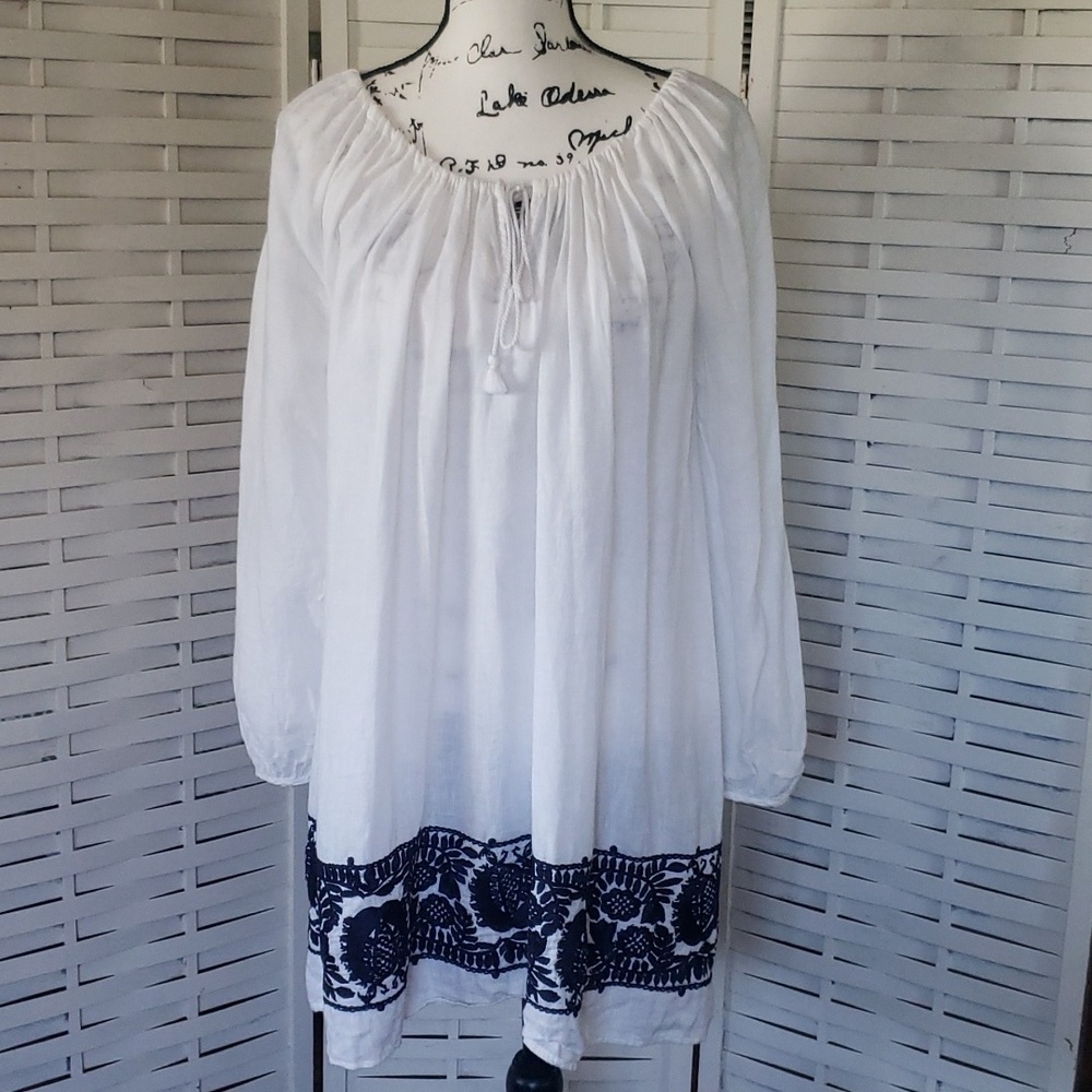 J. Crew white 100% linen off shoulder long  sleeve embroidery bottom tunic dress